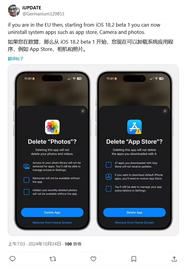 碑林苹果手机维修分享iOS 18.2 支持删除 App Store 应用商店 